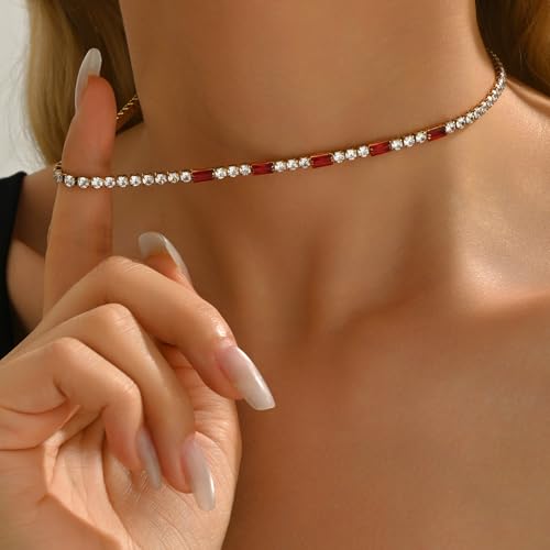 Tennis Necklaces for Women 18K Gold Plated White Red Green Blue Cubic Zirconia Necklaces Dainty Rhinestone Choker Necklaces Trendy Faux Diamond Tennis Chain 3mm - color: Red Tennis Choker-Gold