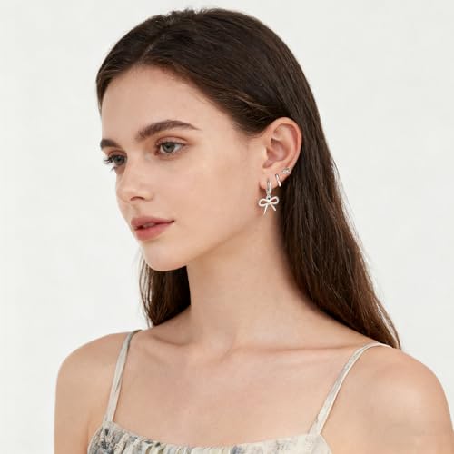 14K Gold Hoop Dangle Stud Earrings Surgical Steel Helix Piercing | Hypoallergenic,Cubic Zirconia,3 Pairs Huggie Hoop Set for Women,Dangle Stud,Cartilage Tragus Conch Earring,Jewelry Gift - color: L1-Silver Bow Earrings