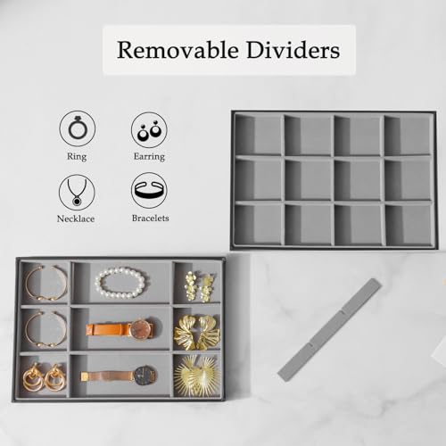 Large Jewelry Organizer Tray, Stackable Jewelry Storage Holder PU Leather Velvet Jewellery Display Case for Stud Earring Bracelet Necklace Ring (Black Gray, 12 Grids) - color: Black Gray