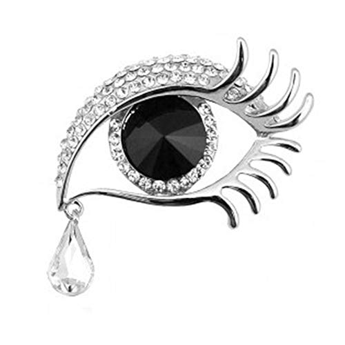 Angel Tears Brooch Pins, Elegant Rhinestone Sapphire Big Eyes Alloy Long Eyelashes Corsage Breastpin for Women Jewelry - color: Silver＋Black