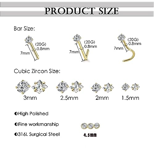 14k Gold Plated 316L Surgical Steel 22g/20g/18g Nose Rings Studs L-Shape Bone Screw Nostril Piercing 1.5mm 2mm 2.5mm 3mm 3.5mm 4.5mm CZ Nose Studs for Women - color: 20g 9pcs Bone Silver Surgical Steel with 3diamond