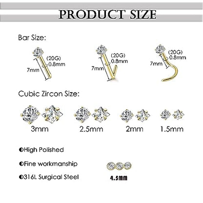 14k Gold Plated 316L Surgical Steel 22g/20g/18g Nose Rings Studs L-Shape Bone Screw Nostril Piercing 1.5mm 2mm 2.5mm 3mm 3.5mm 4.5mm CZ Nose Studs for Women - color: 20g 9pcs Bone Gold Surgical Steel with 3diamond