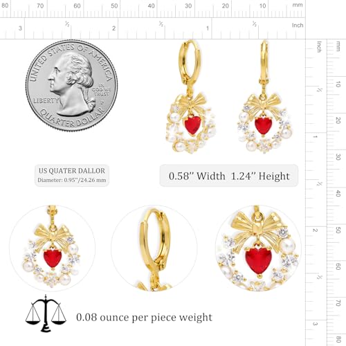 Sonateomber Christmas Tree Dangle Small Gold Hoop Earrings for Women, Cute Sparkly CZ Rhinestone Maple Clover Leaf Drop Earings Thanksgiving Holiday Accessories Fashion Jewelry Gift - color: Red Heart Wreath