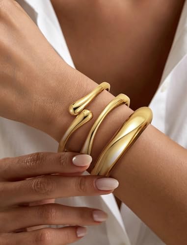Chunky Gold Bangle Bracelets for Women – 14k Gold Plated | Cuff Bangles, Stackable Bracelet Set, Wide Trendy Fashion, Jewelry Gift - color: 01-Gold-3pcs