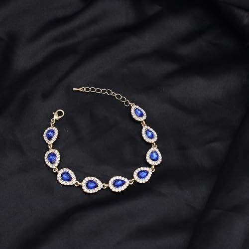 Austrian Crystal Rhinestone Necklace Dangle Earrings Link Bracelet Jewelry Set for Brides Bridesmaid Prom Costume Accessories for Women - color: Blue-Gold Plated