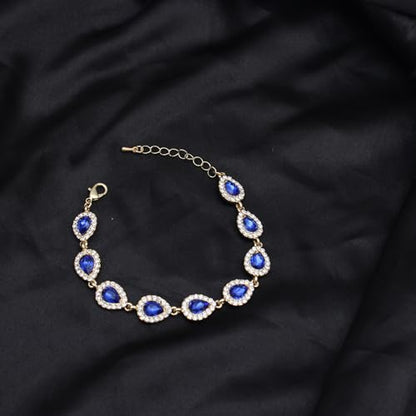 Austrian Crystal Rhinestone Necklace Dangle Earrings Link Bracelet Jewelry Set for Brides Bridesmaid Prom Costume Accessories for Women - color: Blue-Gold Plated