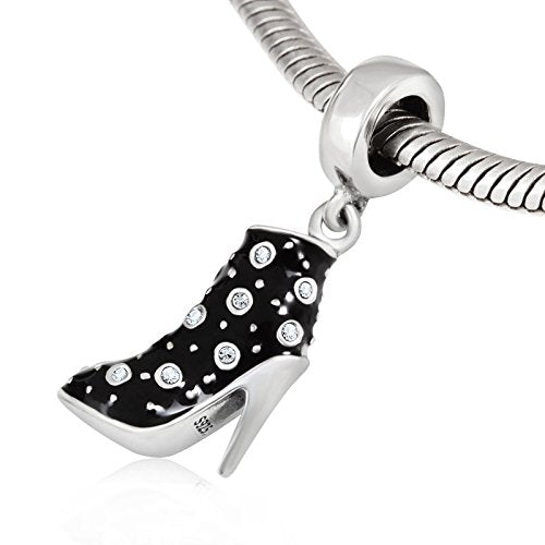 Black High Heel Dangle Charms 925 Sterling Silver Birthstone Gifts Charm for Her Pandora Bracelet - color: Clear