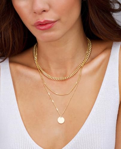 MFRYK Gold/Silver Necklaces Stack For Women,14K Gold/Sterling Silver Plated Simple Layered Choker Necklaces For Women,Stackable Multilayer Pearl Cross Disc Circle Pendant Cuban Herringbone Snake Paperclip Chain Necklaces Set Jewelry Gift for Women - style