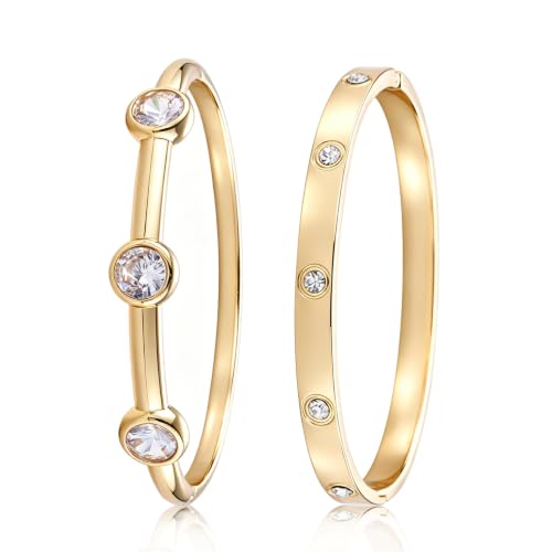 3 Pack Classic Gold Bangle Bracelet Set for Women Stackable Jewelry | 18K Gold Plated AAA Cubic Zirconia Unique Design Fits Most Wrists Simple Styling Long Lasting Luster Waterproof Non Tarnish - color: 2 Pack-Gemstone & Love
