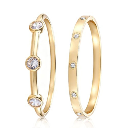 3 Pack Classic Gold Bangle Bracelet Set for Women Stackable Jewelry | 18K Gold Plated AAA Cubic Zirconia Unique Design Fits Most Wrists Simple Styling Long Lasting Luster Waterproof Non Tarnish - color: 2 Pack-Gemstone & Love