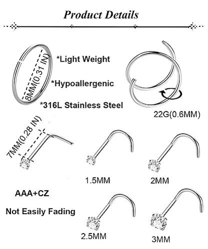 21PCS 18G 20G 22G 316L Stainless Steel Nose Rings Hoop for Women Men Double Nose Ring CZ Nose Stud Piercing Jewelry - color: 22G-Sliver tone