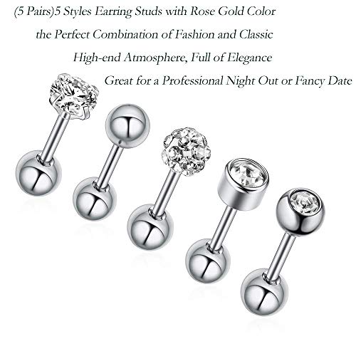 Stud Earrings Set 316L Stainless Steel Hypoallergenic Earrings for Women Men Earrings 3-7mm Cubic Zirconia Earrings Tragus Cartilage Helix Lobel Ear Studs 20G,Pack of 5 Pairs - color: A04:5Pairs(SILVER)