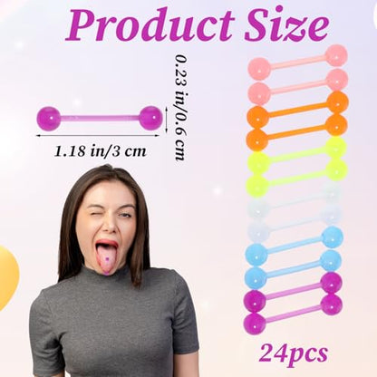 Acrylic Tongue Barbells Rings 24 PCS 15G Glow in Dark Flexible Straight Tongue Rings Colorful Plastic Ring Body Piercing Jewelry Bars for Women Men Work Sports 18mm