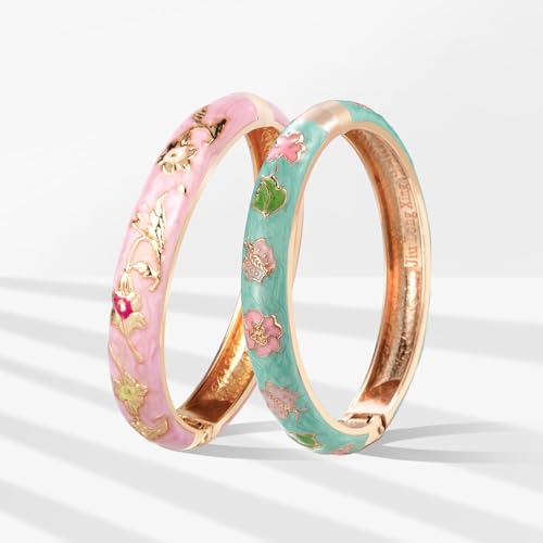 UJOY Cloisonne Bracelet Butterfly Hinge Indian Cuff Bangle Enameled Jewelry Flower Bracelets for Women Gift Box 55A114 - color: A67-2 Pcs/Set-Green and Pink