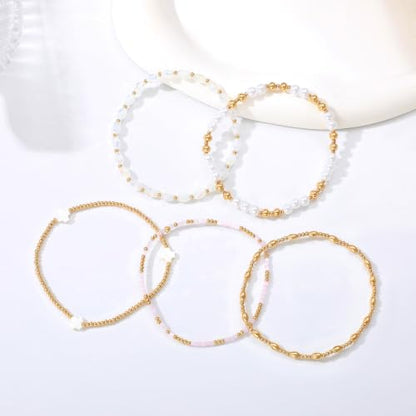 Dainty Gold Plated Pearl Crystal Beaded Bracelets Set for Women 14K Gold Plated Bead Pearl Beads Bracelet Stackable Paperclip Link Chain Bracelets Gold Plated Bracelets for Women Trendy Jewelry - color: Style4-gold bracelets set2