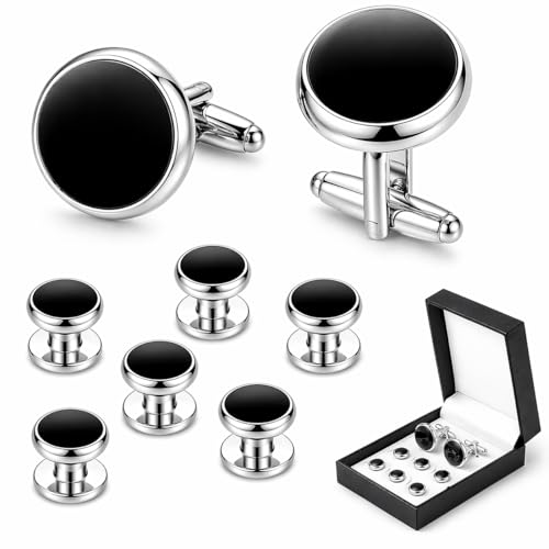 Men's Cufflinks & Tuxedo Studs Set - 316L Stainless Steel Formal Wedding Jewelry, Groomsmen Gift Set with Gift Box - color: 8pcs Silver