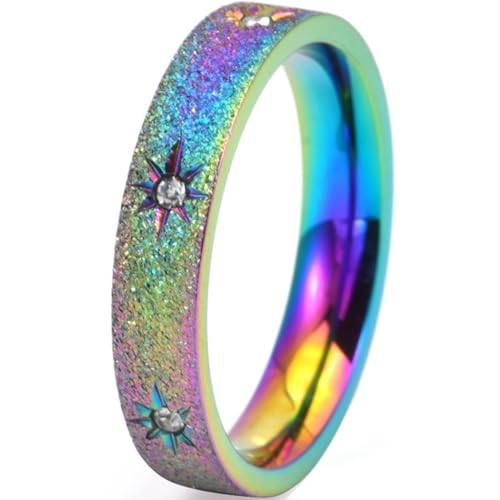 Jude Jewelers 5mm Width Stainless Steel Sand Brushed Surface Star Inlay Wedding Eternity Band Stackable Ring - color: Rainbow