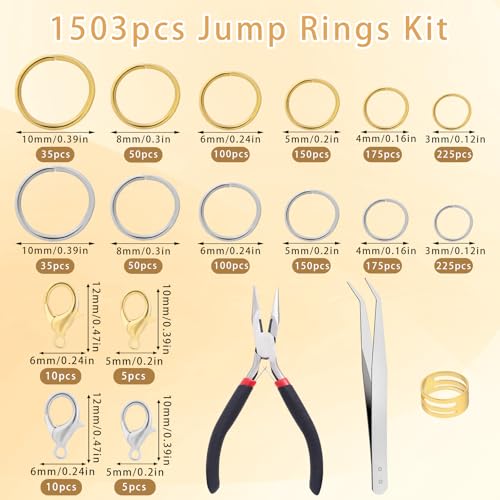1503Pcs Jump Rings for Jewelry Making Supplies Necklace Clasps Kit with Open Tools Pliers Tweezers and Lobster Clasps for Jewelry Tools Repair Kit - color: mix11
