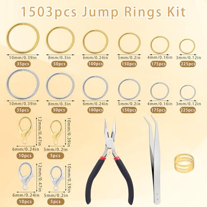 1503Pcs Jump Rings for Jewelry Making Supplies Necklace Clasps Kit with Open Tools Pliers Tweezers and Lobster Clasps for Jewelry Tools Repair Kit - color: mix11