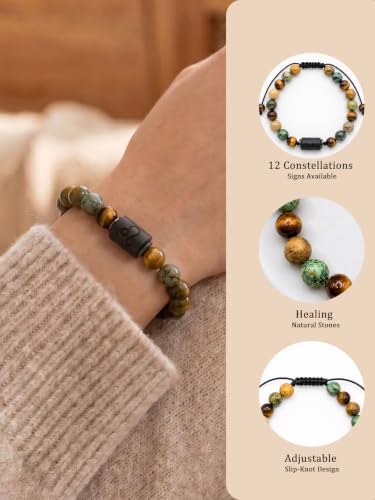 Zodiac Bracelet for Women and Men, Zodiac Sign Natural Stone Beaded Bracelet, Adjustable Horoscope Astrology Bracelet with Zodiac Card, Birthday Gift for Her Him - color: Leo