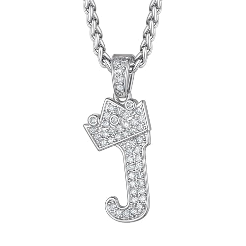 Richsteel Silver Crown Initial A-Z Letter Pendant Necklace for Men Women | Cubic Zirconia Monogram, 316L Steel Chain, 22" + 2" Extender,Hypoallergenic,Gift Box, Hip Hop Jewelry - style: J