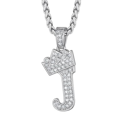 Richsteel Silver Crown Initial A-Z Letter Pendant Necklace for Men Women | Cubic Zirconia Monogram, 316L Steel Chain, 22" + 2" Extender,Hypoallergenic,Gift Box, Hip Hop Jewelry - style: J