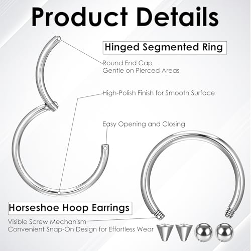SynHHergyx 6 Pcs Nose Septum Rings 16G Horseshoe Lip Earring Ring Hoops Nose Piercing Jewelry 8mm 10mm 12mm Eyebrow Hoop Rings Piercing Jewelry - color: Silver