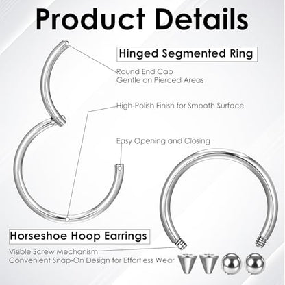SynHHergyx 6 Pcs Nose Septum Rings 16G Horseshoe Lip Earring Ring Hoops Nose Piercing Jewelry 8mm 10mm 12mm Eyebrow Hoop Rings Piercing Jewelry - color: Silver