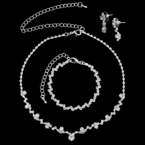 Crystal Wedding Jewelry Set for Brides Silver Necklace Earrings and Bracelet Set Elegant Women Wedding Jewelry Sets for Weddings, Bridesmaids, Prom, Party and Special Occasions