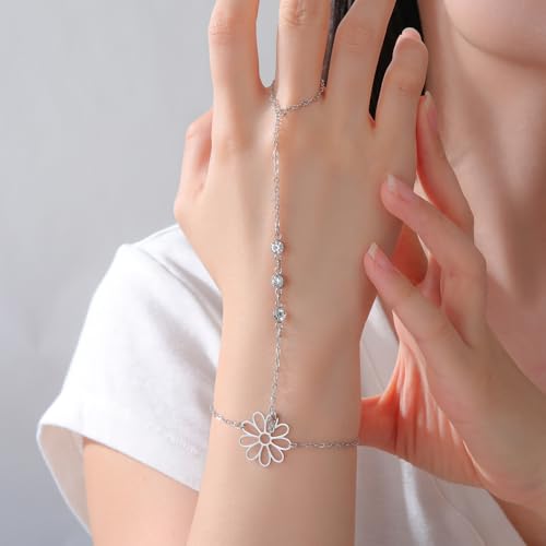 UNIFT Hand Chain Bracelets for Women Set Stainless Steel Adjustable Heart or Four-Leaf Clover Ring Chain Bracelet Trendy Dainty Jewelry Set Gifts - color: silver 3