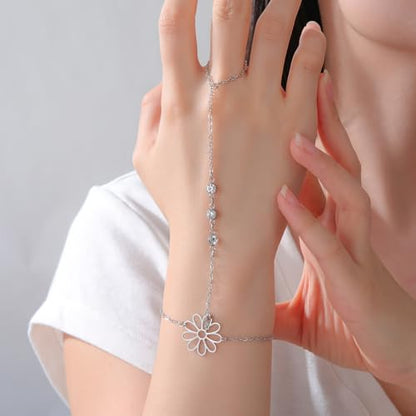 UNIFT Hand Chain Bracelets for Women Set Stainless Steel Adjustable Heart or Four-Leaf Clover Ring Chain Bracelet Trendy Dainty Jewelry Set Gifts - color: silver 3