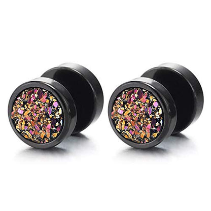 10mm Women Mens Black Circle Stud Earrings Black Glitter, Steel Cheater Fake Ear Plugs Gauges Tunnel - color: Metal color: Black; Stone color: Colorful-01