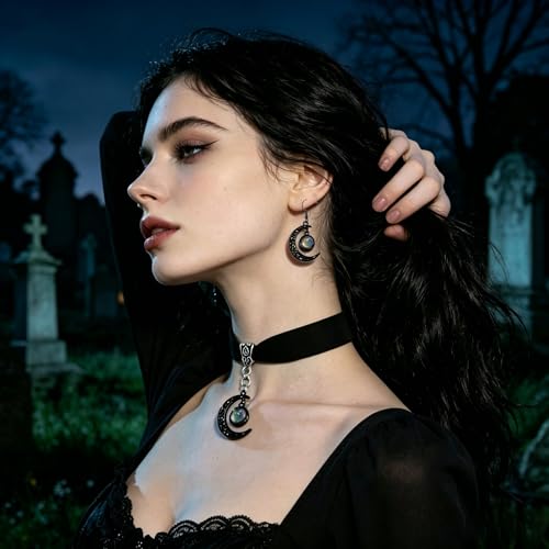 ONLYJUMP Gothic Witch Moon Earrings Necklace Set for Women Goth Black Velvet Moon Choker Necklace Moon Zirconia Dangle Drop Earrings Dark Halloween Witch Vampire Jewelry - color: colorful