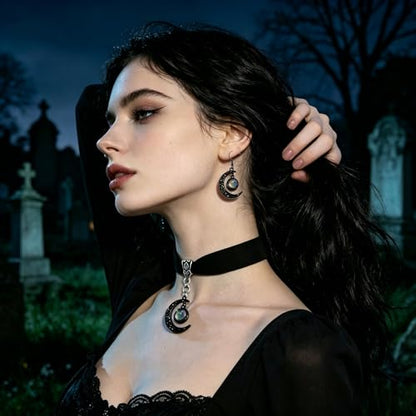 ONLYJUMP Gothic Witch Moon Earrings Necklace Set for Women Goth Black Velvet Moon Choker Necklace Moon Zirconia Dangle Drop Earrings Dark Halloween Witch Vampire Jewelry - color: colorful