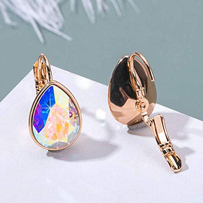 Austrian Crystal Teardrop Leverback Drop Earrings for Women | 14K Gold-Plated Finish, Sparkling Pear Stone, Smooth Bezel Frame, Secure Leverback Closure, Dainty Day-To-Evening Style - color: Aurora Borealis
