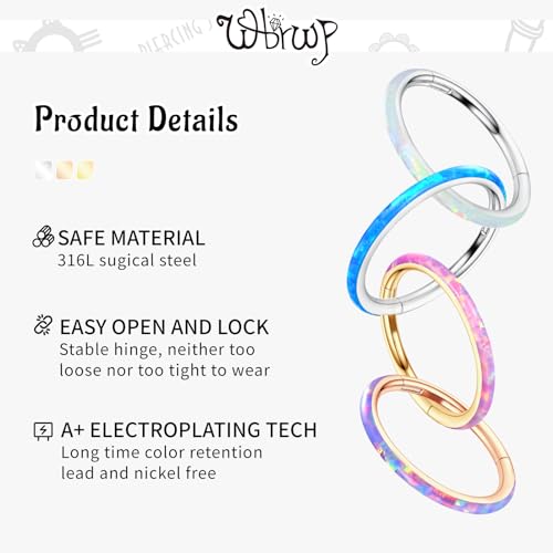 WBRWP 316L Stainless Steel Nose Hoop Rings Clicker with Zircon/Opal 14g-20g | Hypoallergenic Nose Rings Segment Clicker Lip Rings Cartilage Rook Conch Earrings Diameter 5mm-10mm - color: Silver ring with white opal -1pc pack