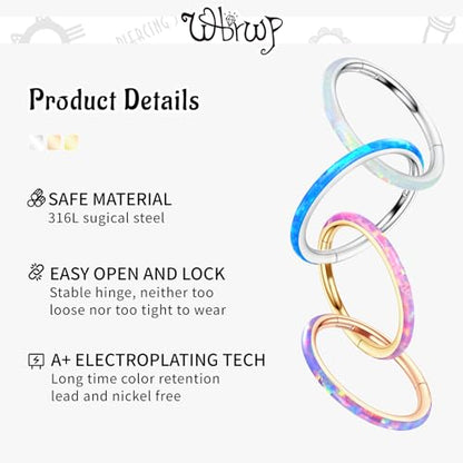 WBRWP 316L Stainless Steel Nose Hoop Rings Clicker with Zircon/Opal 14g-20g | Hypoallergenic Nose Rings Segment Clicker Lip Rings Cartilage Rook Conch Earrings Diameter 5mm-10mm - color: Silver ring with white opal -1pc pack