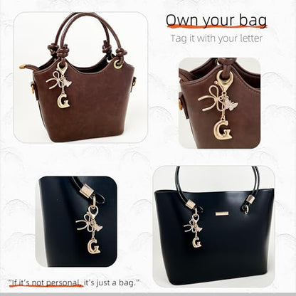 Gold Bubble Heart, Cherry, Bow & More Designs Letter Initial Keychain Bag Charms – Cute Purse Charms for Handbags - color: Bow & Butterfly, style: G