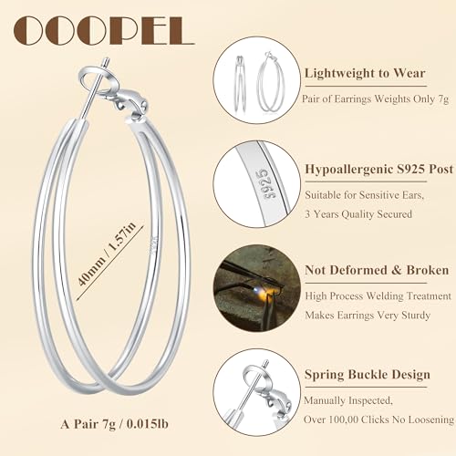 Large Thin Double Hoop Earrings for Women Lightweight Hypoallergenic 925 Sterling Silver Post 14K Gold Hoops Non Tarnish Sturdy Big Thin Double Layered Hoop Earrings 30/40/50/60mm - color: Silver, size: 40mm