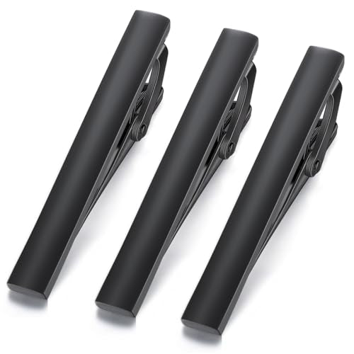 HONEY BEAR 2.12" Standard Tie Clip Bar 3-Piece Set for Men Wedding Business | Classic Minimalist, Steel-Plated Copper Base, Gift-Boxed, Thickened, Rounded Corners, Easy to Slide On, No Snag or Wrinkle - style: Matte Black with box