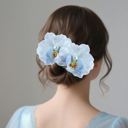 Bohemian Artificial Orchid Hair Clips, 2 Pack Floral Alligator Barrettes, Hawaiian Style Hairpins, 3.54 inch Pearl Decorated Flower Accessories Summer Beach Wedding Floral Headwear (Light blue) - color: Light blue