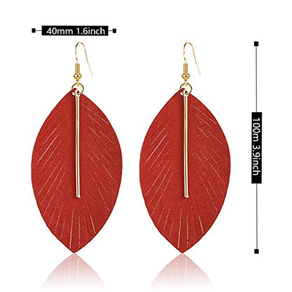 GBAHFY Feather Leather Layered Fringe Earrings for Women Boho Genuine Lightweight Leather Leaf Tassel Dangle Statement Earrings with Metal Bar - color: Red