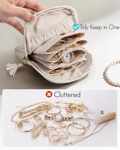 VLANDO Small Travel Jewelry Case,Velvet Pouch Bags with Zipper, Cream White | Travel Essentials,PU Leather Organizer with 5 Divided Sections,Carry-On Totes,Gift for Birthday,Bride,Bridesmaid,Women,Girls - color: A.Cream White