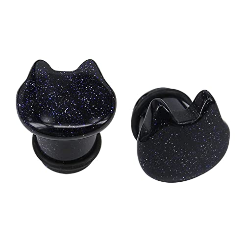 Cute Cat Natural Organic Stone Ear Plug Single Flare Ear Tunnel Gauge Stretcher Ear Expander Piercing 2g-5/8 - color: Blue Sandstone, Gauge=1/2"(12mm)