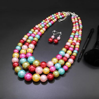 Chunky Layered Imitation Pearl Necklace for Women 3 strand Pearl Necklaces Faux Pearl Necklace Earrings Set 1920s Flapper Gatsby Costume Accessories - color: Colorful Delight