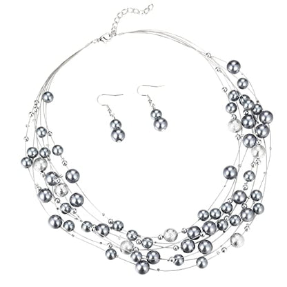 FULU AUTUMN Layered Pearl Necklace Multi-strand Pearl Choker Necklaces for Women Beaded jewelry for Wedding Parties - color: 37-Grey