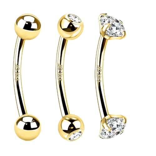 3 Pcs 14k Gold Filled Eyebrow Rings, 16G Rook Piercing Jewelry, Surgical Steel Vertical Lip Labret Belly Tongue Ring Daith Earring Curved Barbells 6mm/8mm/10mm - color: gold 10mm
