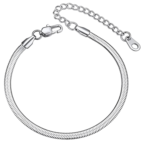 ChainsHouse Stainless Steel Herringbone Flat Chain Bracelets for Women,18K Gold/Rose Gold/Black Metal Paperclip/Snake/Cuban/Figaro Sterling Silver Link Charm Bracelet, 16+5cm Adjustable, With Gift Box - color: e. herringbone-stainless-3mm