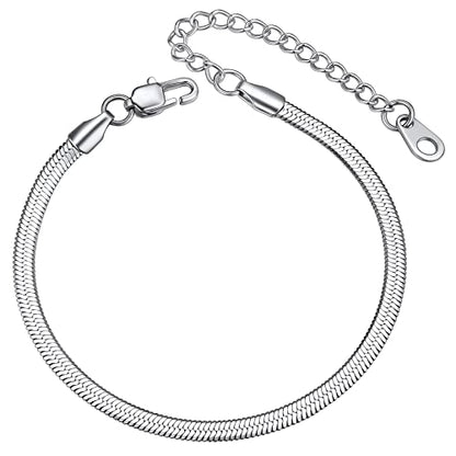 ChainsHouse Stainless Steel Herringbone Flat Chain Bracelets for Women,18K Gold/Rose Gold/Black Metal Paperclip/Snake/Cuban/Figaro Sterling Silver Link Charm Bracelet, 16+5cm Adjustable, With Gift Box - color: e. herringbone-stainless-3mm