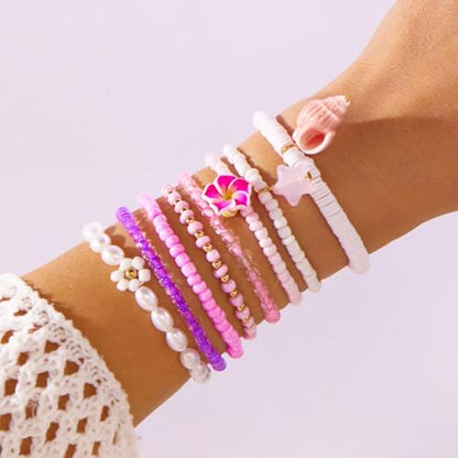 Boho Stackable Beaded Bracelet Set, Pink, Starfish Shell Pearl Charms, Elastic Handmade Layered Stretch Bracelets, Summer Beach Holiday Jewelry for Women - color: Pink B